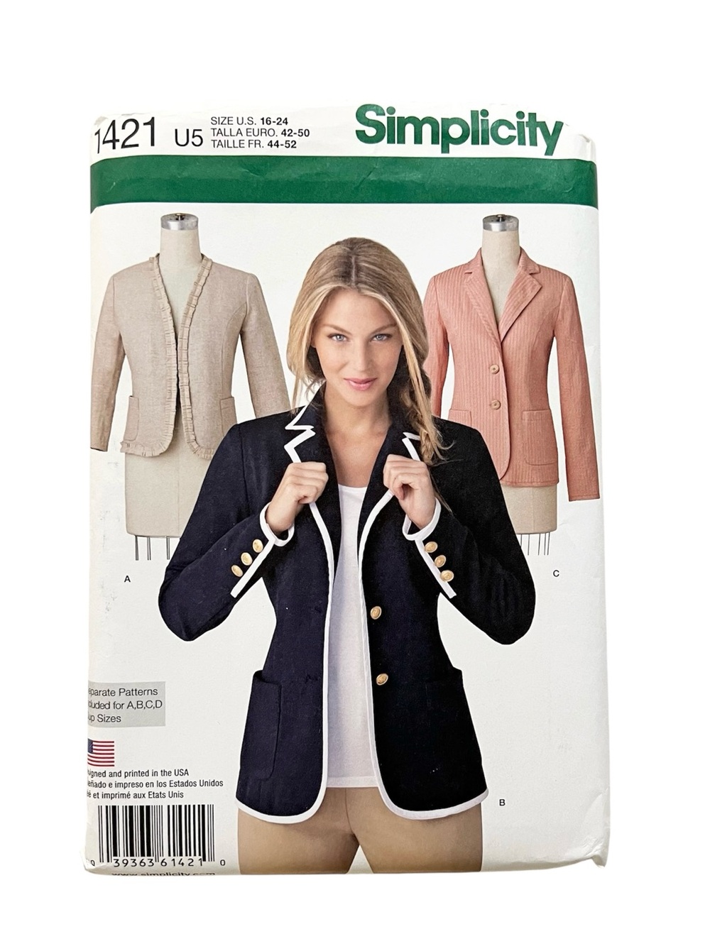 Simplicity 1421 Women’s Jacket Blazer Pattern Sz 16-24 Uncut